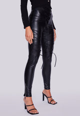 Faux Leather Laced Leggings - Black