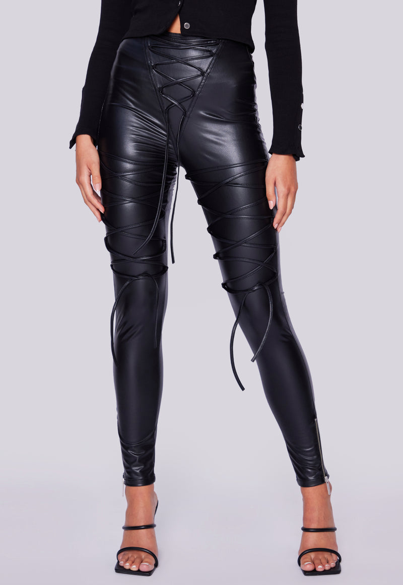 Faux Leather Laced Leggings - Black