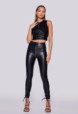 Faux Leather Adjustable Ruched Leggings - Black