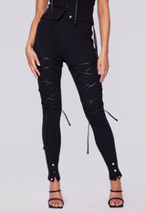 Front Laced High Waisted Ribbed Leggings - Black