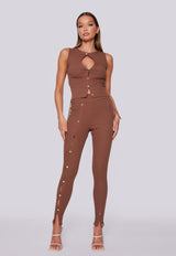 High Waisted Button Up Ribbed Leggings - Brown