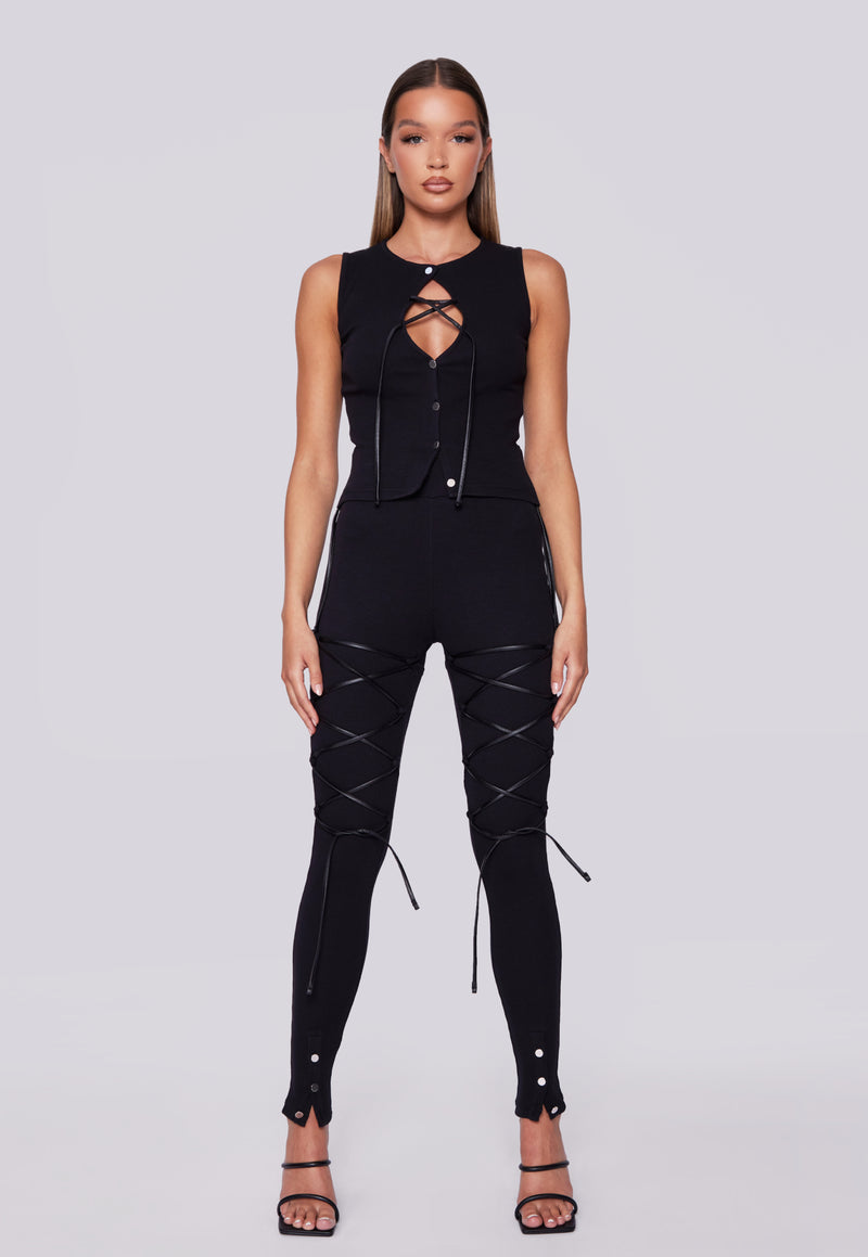 Front Laced High Waisted Ribbed Leggings - Black