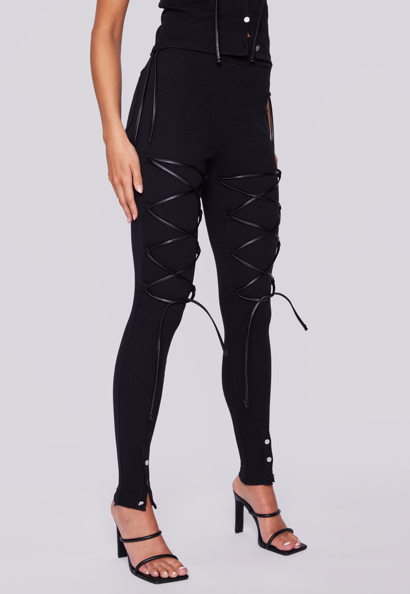 Front Laced High Waisted Ribbed Leggings - Black