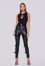 Faux Leather Fasten Up Leggings - Black