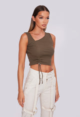 Ribbed Cross Shoulder Ruched Top - Khaki