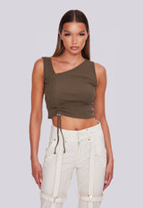 Ribbed Cross Shoulder Ruched Top - Khaki