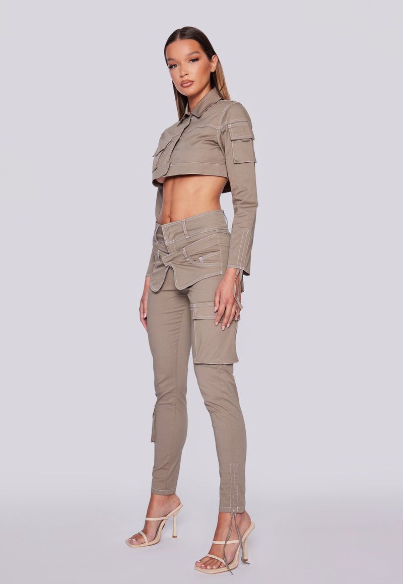 Multi Pocket Double Waistband Pant - Khaki