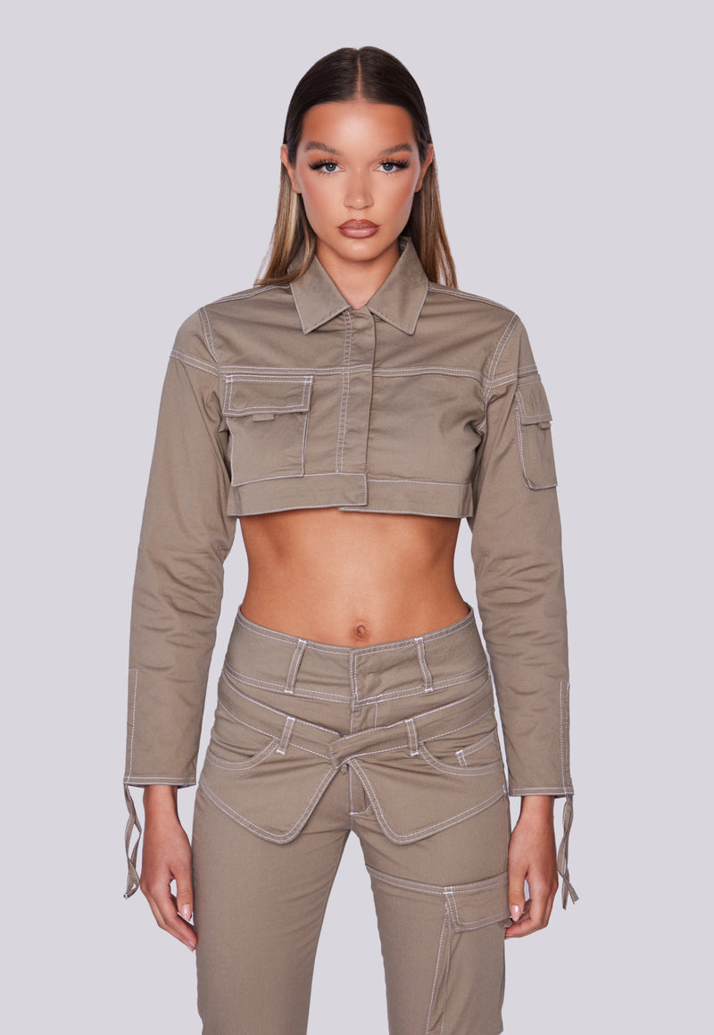 Multi Pocket Cropped Jacket - Khaki