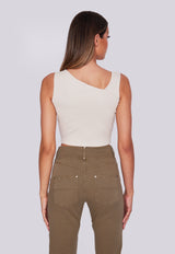 Ribbed Cross Shoulder Ruched Top - Sand