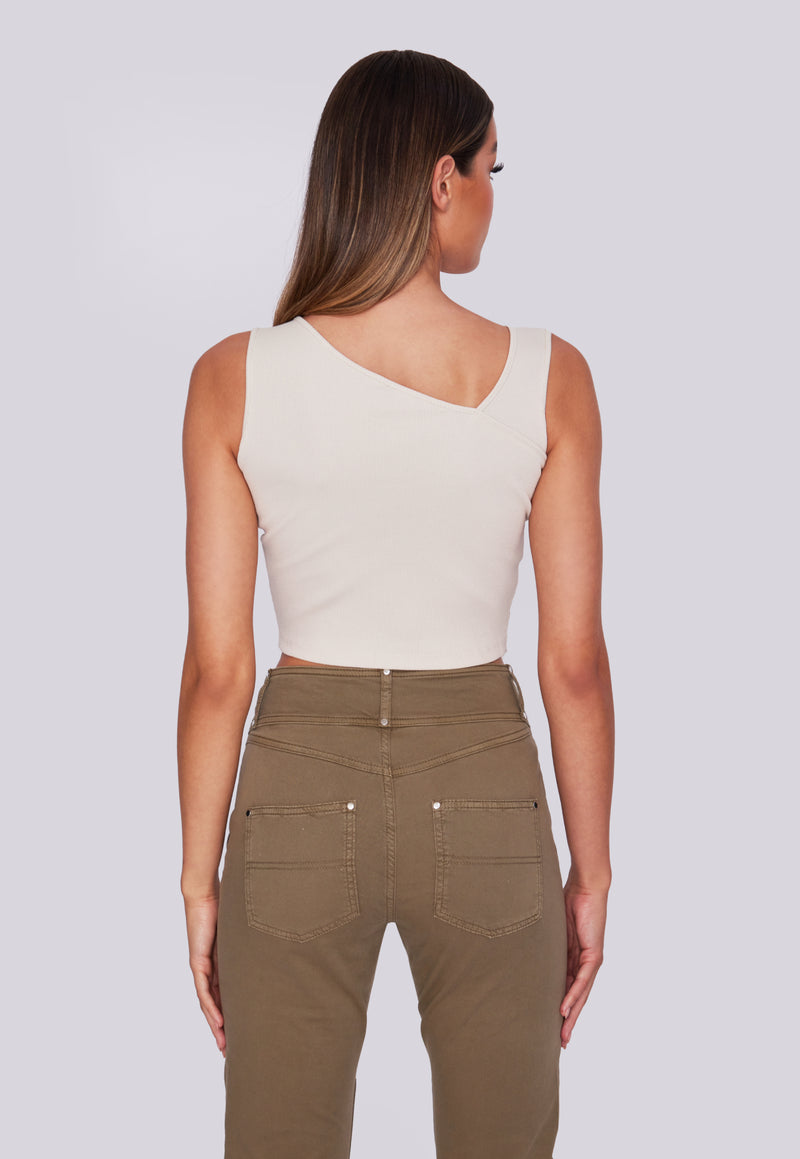 Ribbed Cross Shoulder Ruched Top - Sand