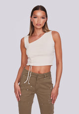 Ribbed Cross Shoulder Ruched Top - Sand