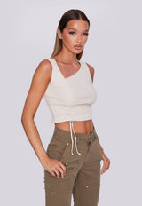 Ribbed Cross Shoulder Ruched Top - Sand