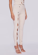 High Waisted Button Up Ribbed Leggings - Sand