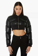 Faux Leather Cropped Bomber Jacket - Black