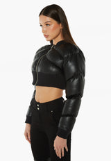 Faux Leather Cropped Bomber Jacket - Black