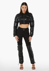 Faux Leather Cropped Bomber Jacket - Black