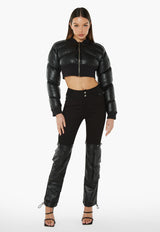 Faux Leather Cropped Bomber Jacket - Black