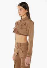 3D Pocket Cropped Jacket - Brown