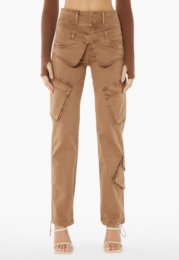 Double Waistband Cargo Pants - Brown