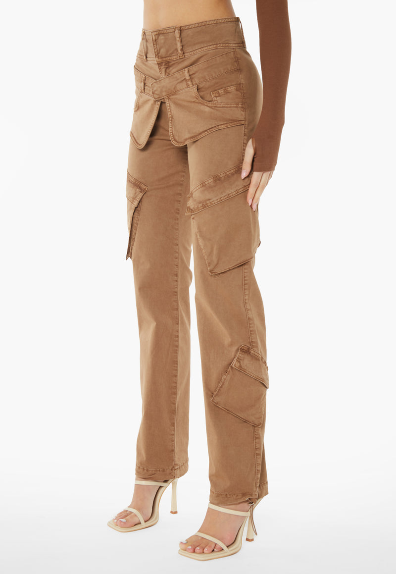 Double Waistband Cargo Pants - Brown