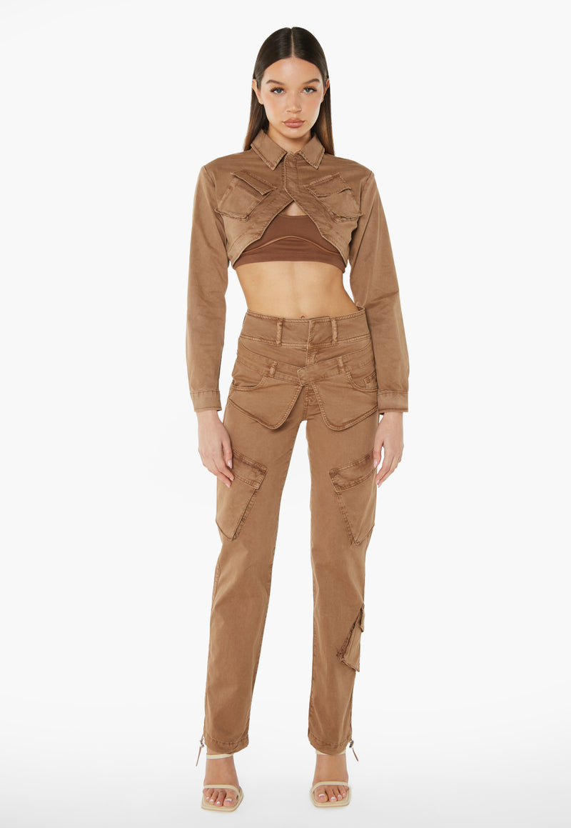 Double Waistband Cargo Pants - Brown