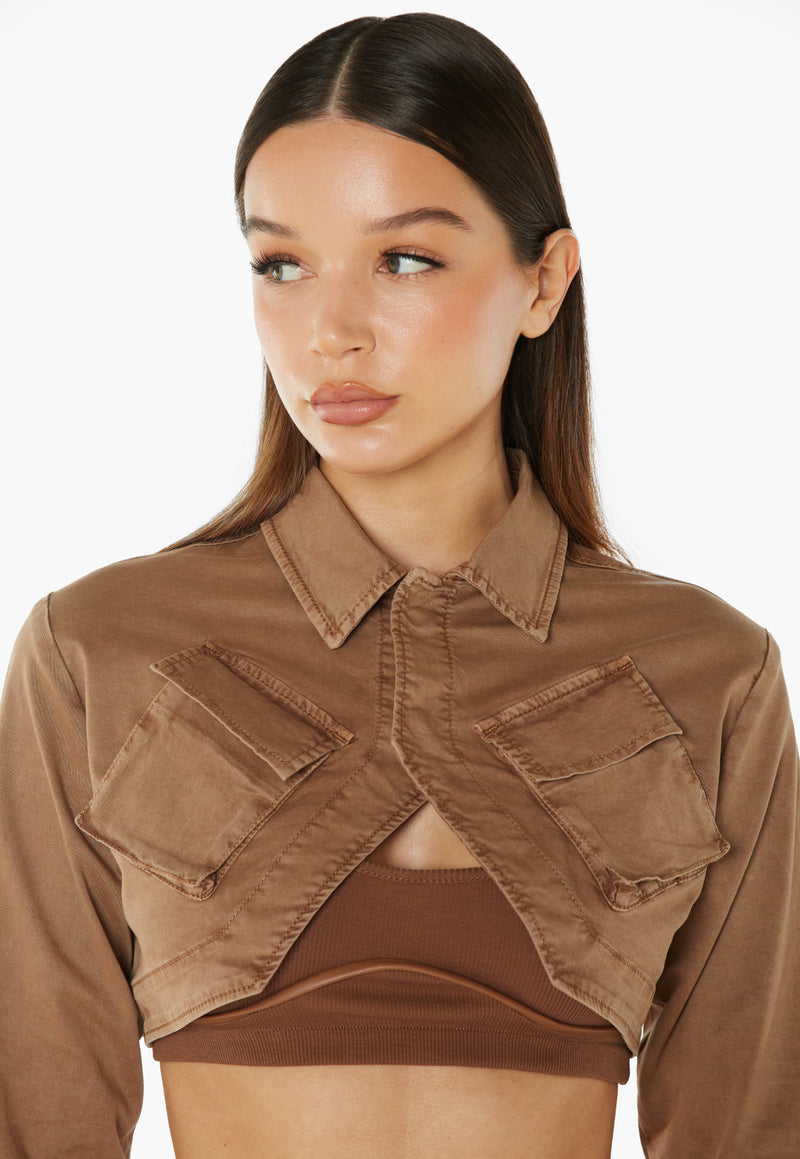 3D Pocket Cropped Jacket - Brown