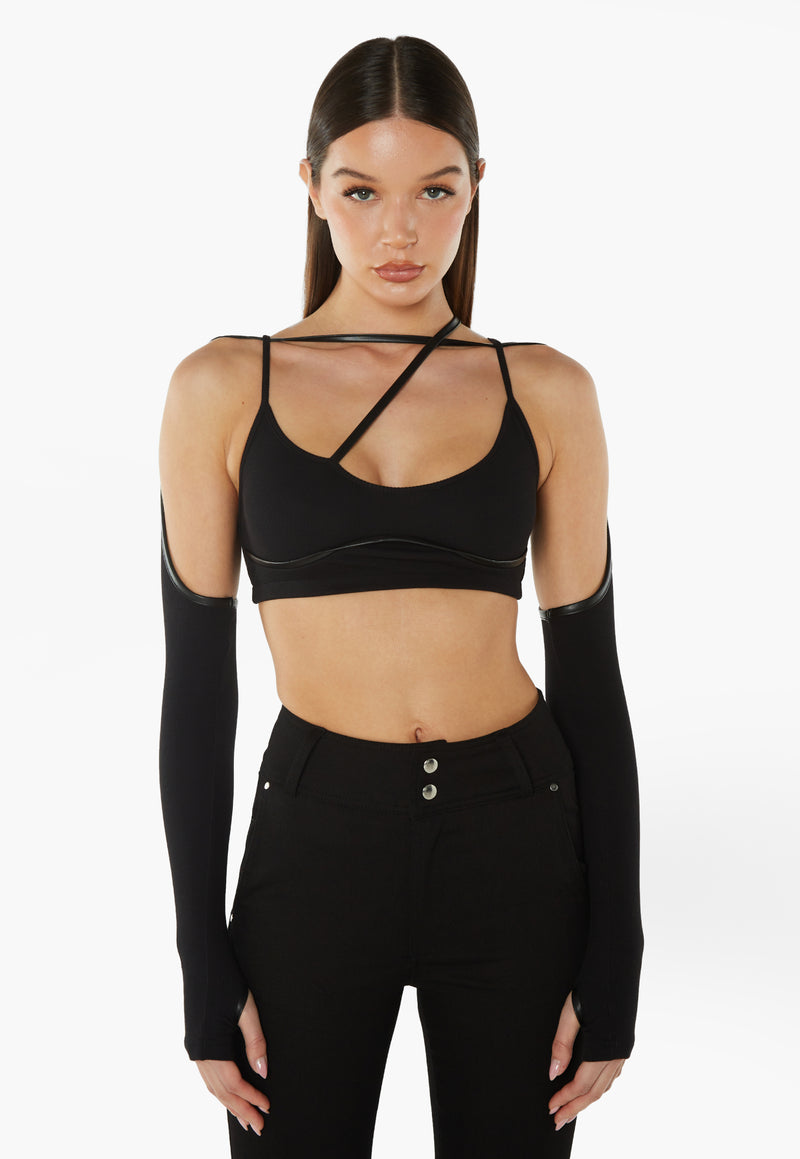 Crop Top With Chest Strap Sleeves - Black