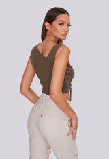 Ribbed Cross Shoulder Ruched Top - Khaki