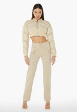 Faux Leather Cropped Bomber Jacket - Beige