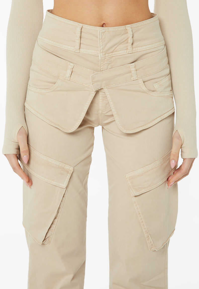 Double Waistband Cargo Pants - Stone