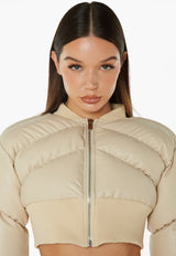 Faux Leather Cropped Bomber Jacket - Beige