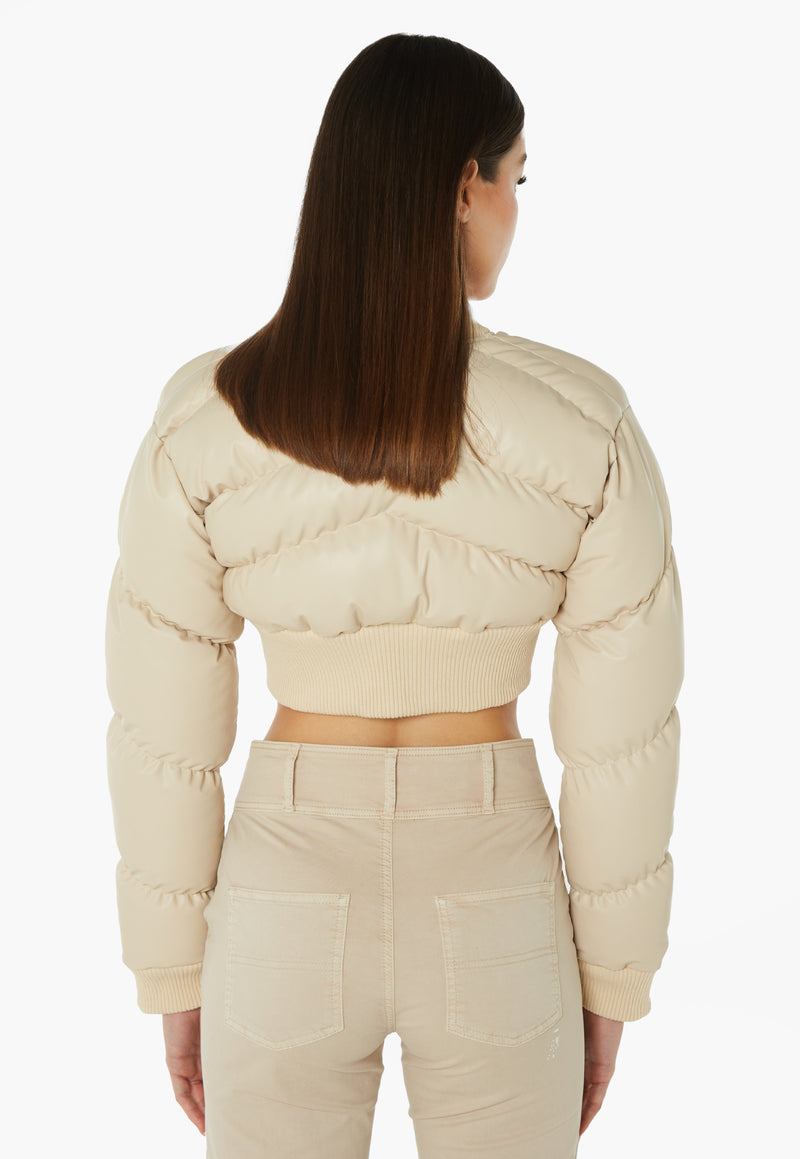 Faux Leather Cropped Bomber Jacket - Beige