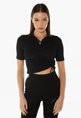 Adjustable Ruched Polo Top - Black