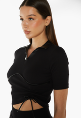 Adjustable Ruched Polo Top - Black