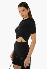 Adjustable Ruched Polo Top - Black