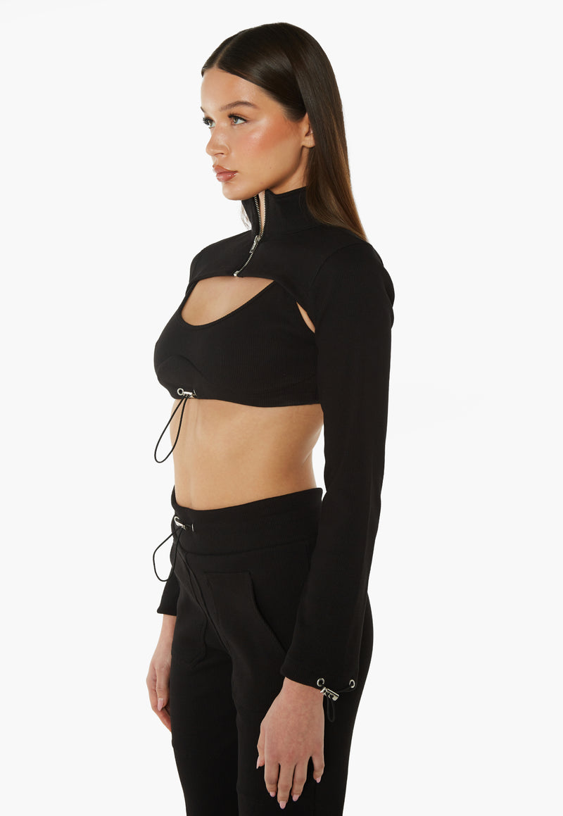 High Neck Heavy Ribbed Jacket & Bralette - Black